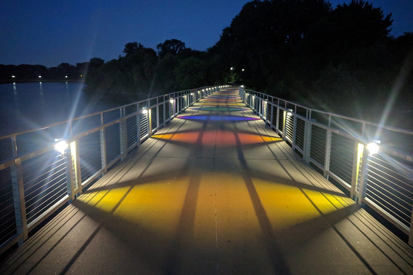The Kruidenier Trail footbridge over Gray's Lake at dusk